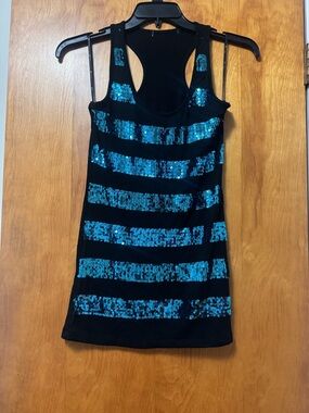 Forever 21 Black Tank Top with Blue Sequin Stripes